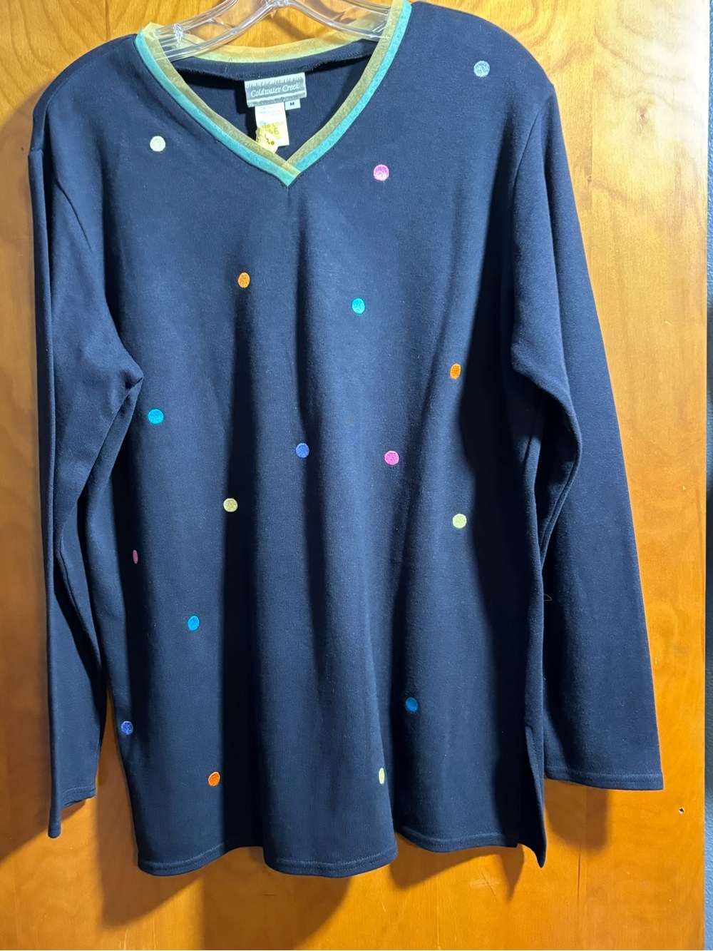 Coldwater Creek Navy V-Neck Long Sleeve Top with Multicolor Dots